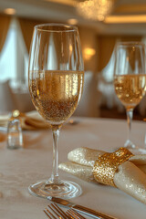 Table set with elegant champagne glasses filled with sparkling beverage, creating festive atmosphere perfect for celebrations and special occasions