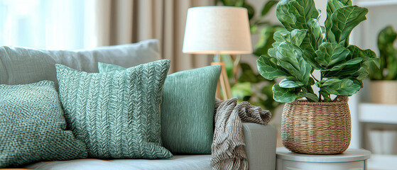 Cozy living room scene featuring comfortable sofa adorned with textured green pillows, soft throw blanket, and stylish potted plant. warm lighting creates welcoming atmosphere