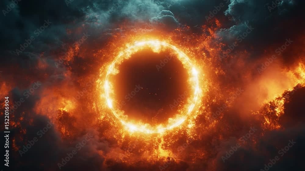 Poster Fiery Celestial Ring: A mesmerizing view of a luminous, fiery celestial ring, with a dark core and ablaze in the heavens, casting a powerful, awe-inspiring spectacle.