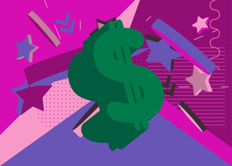 Dollar Sign geometrical graphic retro theme background. Minimal geometric elements. Vintage abstract shapes vector illustration.