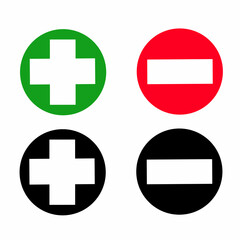 Plus Minus or Positive Negative Sign Icon Set in Green and Red Circles. 
