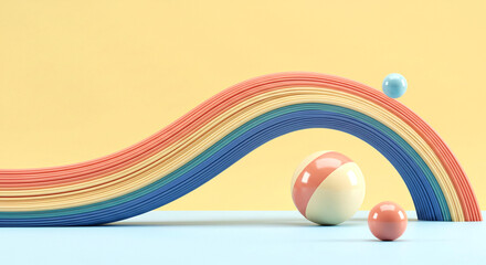 Abstract Beach Ball and Rainbow Arc – Vibrant 3D Summer Scene with Curved Pastel Lines and Floating Elements