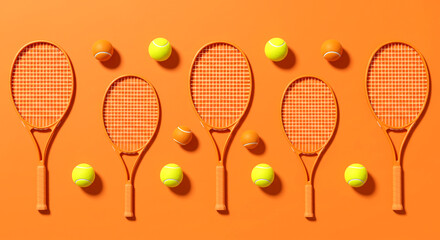 Tennis Rackets and Balls on Bright Orange Background – Playful Sports-Themed Pattern for Fitness, Summer Games, or Youth Concepts