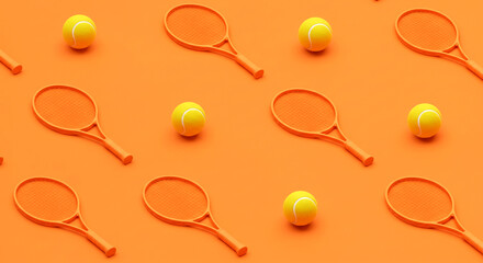 Orange Tennis Rackets and Balls on Vibrant Background – Flat Lay Sports Pattern Design for Fitness or Game Concepts