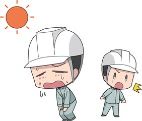 熱中症の疑いがある作業員と気づく人のイラスト・男性