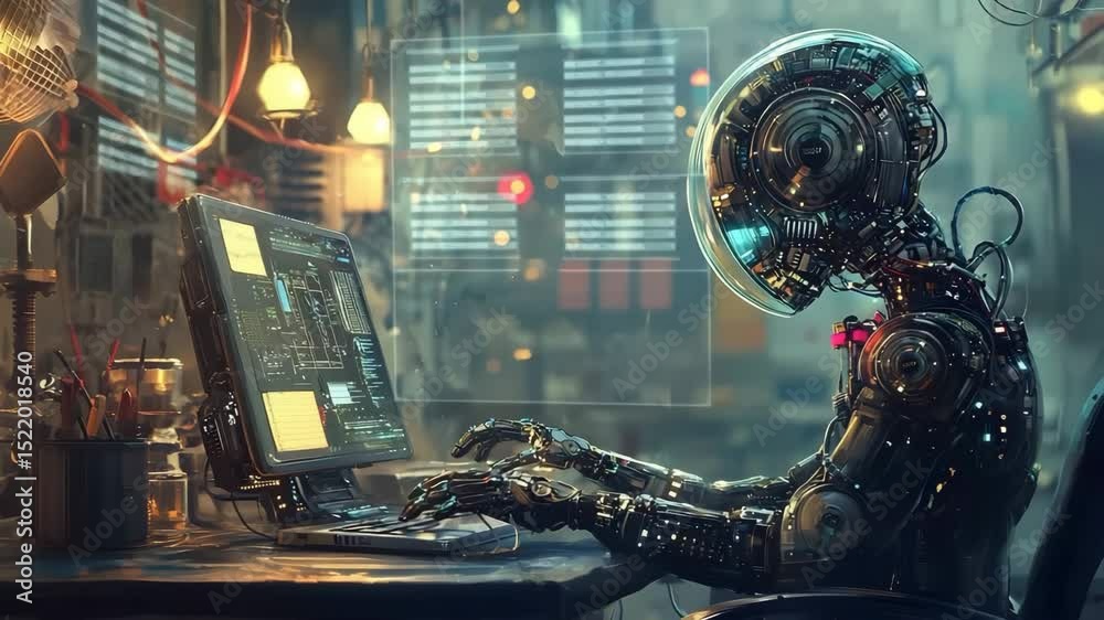 Poster A humanoid robot with a transparent head works on a computer in a high-tech, futuristic lab setting.