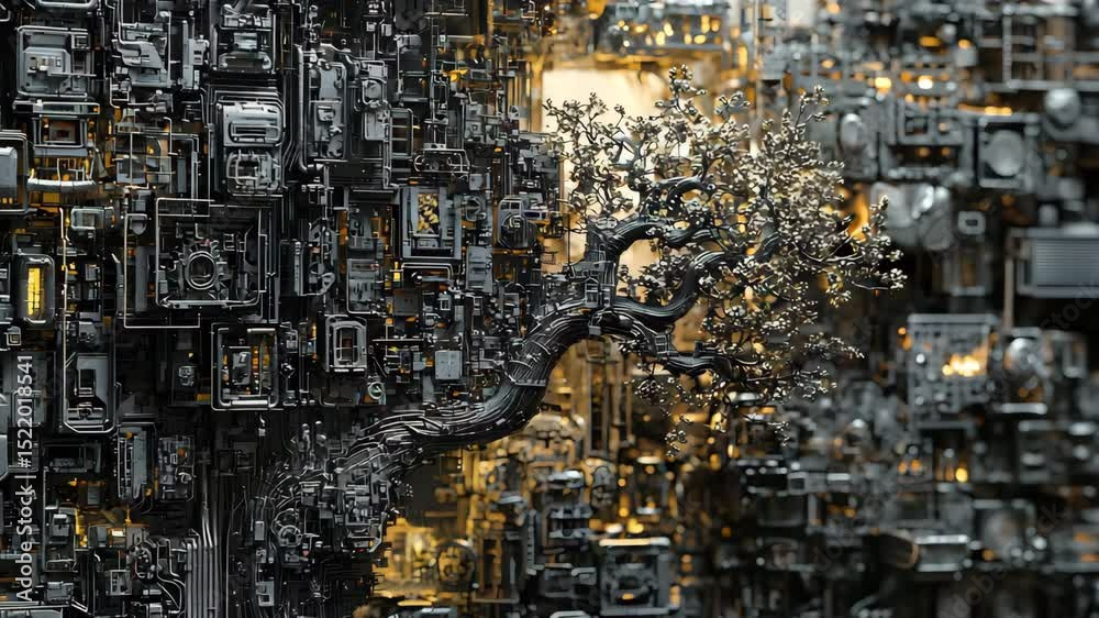 Aufkleber a metallic tree seamlessly blends into an intricate wall of circuit boards, symbolizing the fusion o