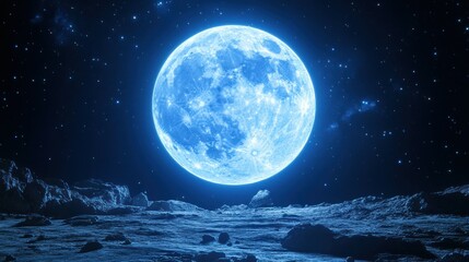 A luminous blue moon shining brightly in the night sky above