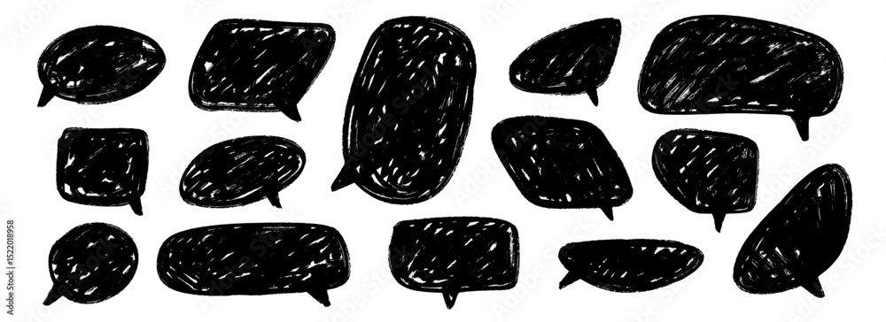 Aufkleber Hand drawn speech bubble collection. Doodled marker dialog box set. Sketched textured comic talk frames. black scribbled chat box pack. Round, square or rectangle balloon text box bundle. Vector 