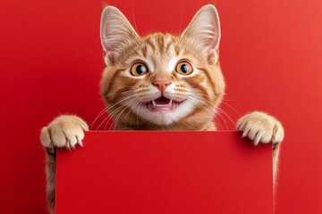 Isolated cat on a solid suit red background. Animal at center frame. Pet ad mockup. Cat studio concept. Ð¡ute adult cat ragamuffin hold in front paws a template - large red way sign.