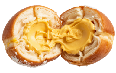 custard filled donut, cut in half on white background.