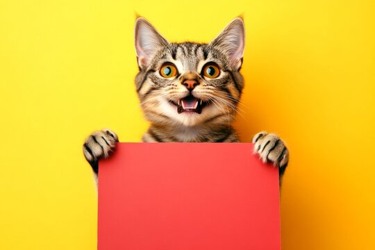 Animal face for ad. Animal shows blank board. Cat near ad board. &ETH;&iexcl;ute adult cat pixiebob hold in front paws a concept - large red lane sign. Isolated cat on a solid suit yellow background.