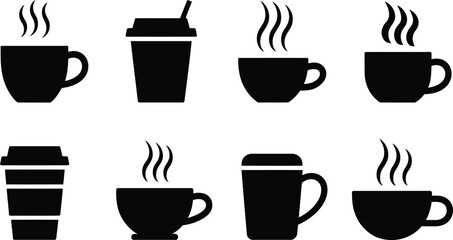 Obraz premium A collection of simple black coffee cups and coffee to go containers with steam rising in minimalist vector style