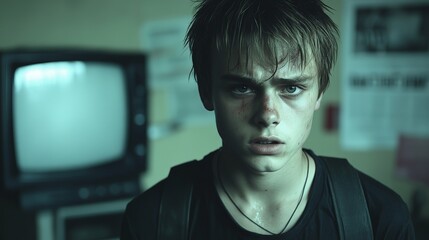 Close-up of a young man with tired eyes surrounded by screens and news feeds, illustrating the modern challenge of information overload and digital fatigue.