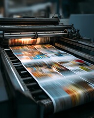 A high-speed printing press produces colorful pages, showing the process of commercial offset printing in action