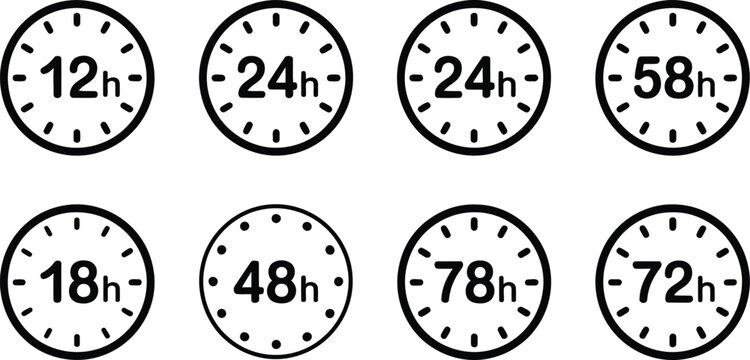 Simplified clock icons representing various time durations from twelve hours to seventy-two hours in monochrome style