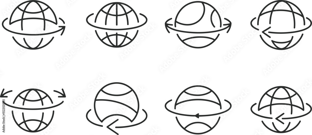 Poster set of eight minimalist globe icons with rotating arrows representing global concepts and internatio
