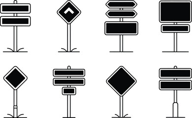 Set of black and white road signs featuring various shapes and directional arrows and information signs in modern style