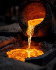 Molten metal is being poured from a crucible into a mold, glowing brightly in an industrial foundry setting
