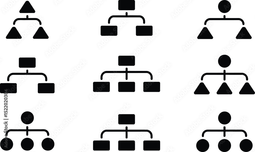 Poster collection of black and white hierarchical diagrams with various shapes for representing organizatio