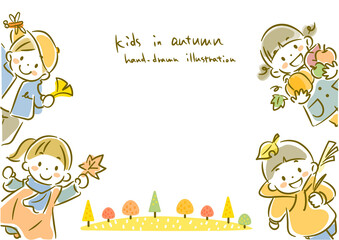 Fototapeta premium Frame of children enjoying autumn Simple and cute watercolor-style hand-drawn illustration