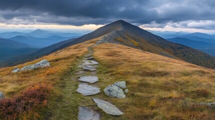A stony path leading up to a mountain under a cloudy sky