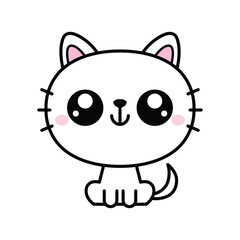 Smiling White Kitten with Pink Cheeks Sitting. Cute Animal Character in Cartoon Style Vector Illustration.