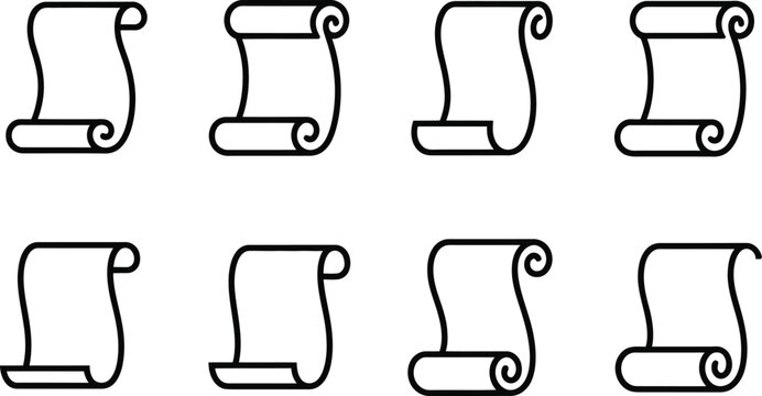 A collection of simple scroll icons presented in a grid featuring outlines of blank rolled up papers suitable for use in design projects.