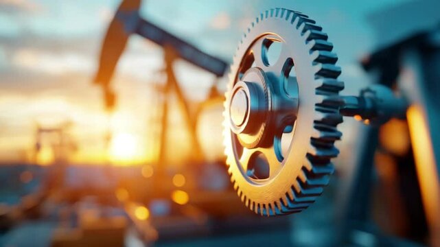 A close-up of a metallic gear with oil pump jacks in the background, illuminated by a warm sunset.