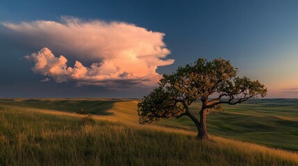 Fototapeta premium A solitary tree stands beneath a dramatic cloudscape at sunset