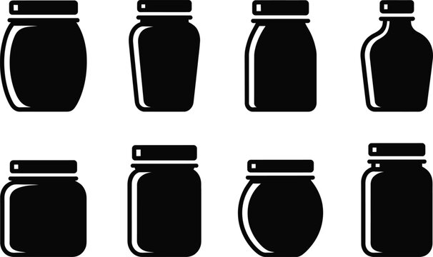 Vector illustration collection of various silhouetted glass jars with caps for preserving food or holding liquids