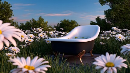 Outdoor bathtub surrounded by a field of daisies