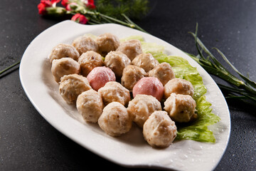 Classic hot pot ingredients beef balls and shrimp balls