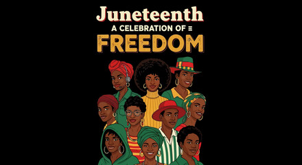 Obraz premium Juneteenth Celebration Poster – African American Freedom Day Illustration with Diverse People in Traditional Attire
