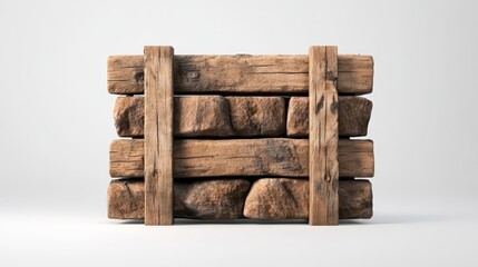 Close-up of stacked rustic wooden logs and planks arranged horizontally and vertically for construction