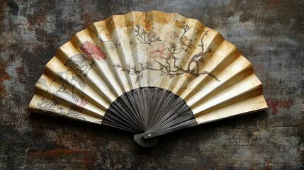 A beautiful painted fan depicting floral art on a surface