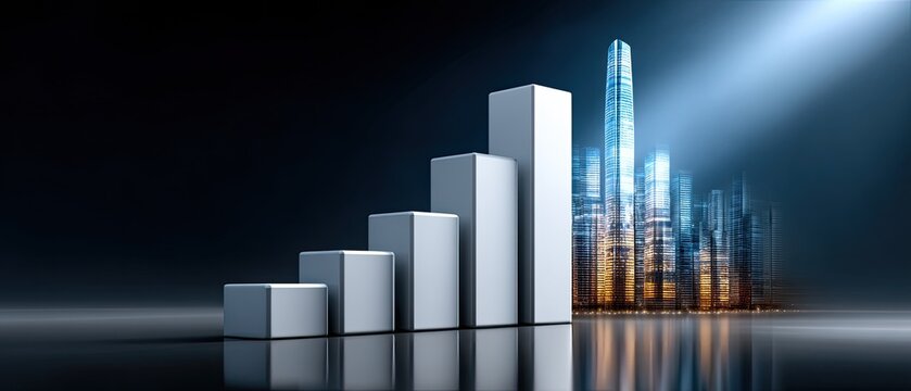 business success growth concept. Abstract cityscape with bar graph representing growth in a modern, digital environment. - Powered by Adobe