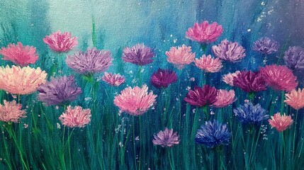 Soothing oil painting of a blooming meadow with vibrant wildflowers and soft brushstrokes, capturing the peaceful essence of nature and ideal for therapeutic and calming environments.

