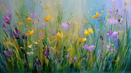 Soothing oil painting of a blooming meadow with vibrant wildflowers and soft brushstrokes, capturing the peaceful essence of nature and ideal for therapeutic and calming environments.

