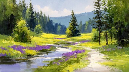 Soothing oil painting of a blooming meadow with vibrant wildflowers and soft brushstrokes, capturing the peaceful essence of nature and ideal for therapeutic and calming environments.

