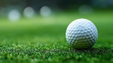 Obraz premium A white golf ball rests on green grass, sharply focused with a blurred background, evoking a calm and sporty atmosphere.