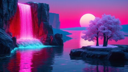 Vibrant neon waterfall and cherry blossom tree landscape at sunset