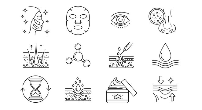 Collection of skincare treatment icons featuring facial masks and cosmetic procedures in line art style on transparent background