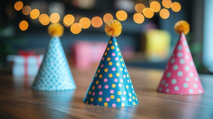 party hats on table with blurred gift boxes in background