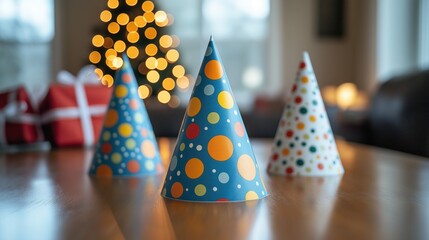 party hats on table with blurred gift boxes in background
