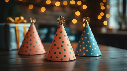 party hats on table with blurred gift boxes in background