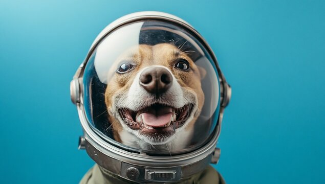 Happy dog wearing astronaut helmet against blue background