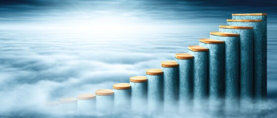 Obraz premium business success innovation concept. Financial growth represented by rising coins above clouds in a dramatic sky.