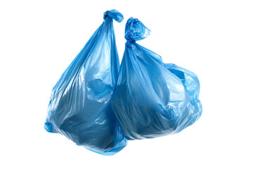 Two blue plastic bags are tied together