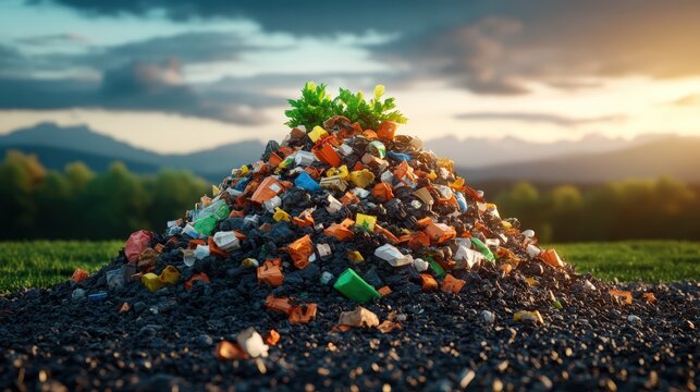 Large pile of colorful plastic waste and trash garbage dump outdoors with mountains and sky in background
